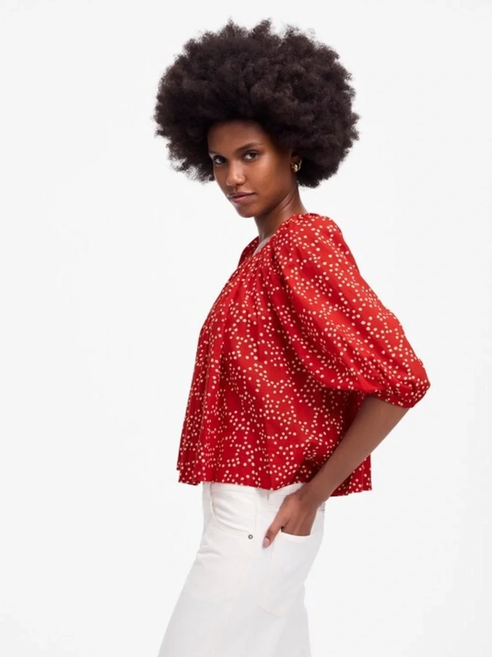 MADEWELL S Shirred Puff-Sleeve Top in Dot • Festival Red Classic Scattered Dots